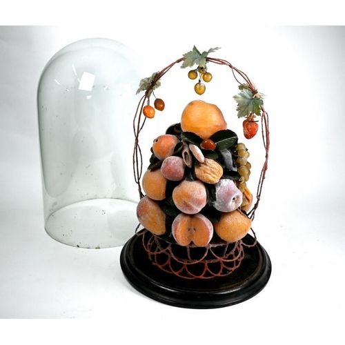 91 - A Victorian waxed fruit display within a glass dome case, 46 cm h o/all (some melting to fruit, dust... 