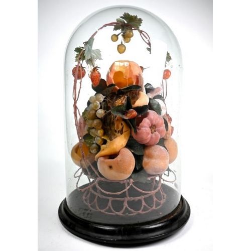 91 - A Victorian waxed fruit display within a glass dome case, 46 cm h o/all (some melting to fruit, dust... 