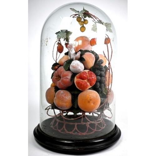 91 - A Victorian waxed fruit display within a glass dome case, 46 cm h o/all (some melting to fruit, dust... 