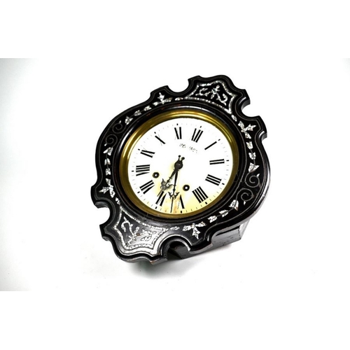 92 - Dechaux - a French mother of pearl inlaid ebonised twin train wall clock with white glass dial, 48 x... 