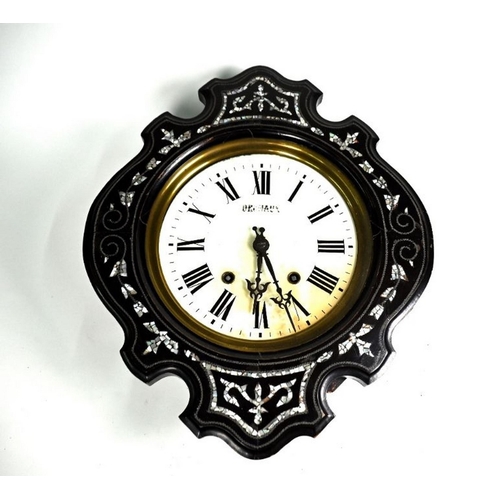 92 - Dechaux - a French mother of pearl inlaid ebonised twin train wall clock with white glass dial, 48 x... 