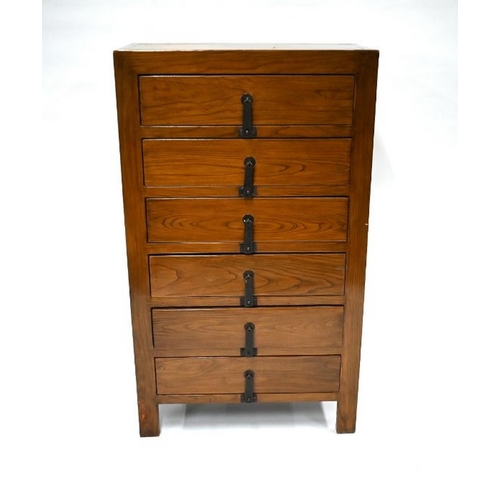 96 - An antique Tibetan elm scroll chest of six drawers, each with iron staple fittings, 83 cm w x 39 cm ... 