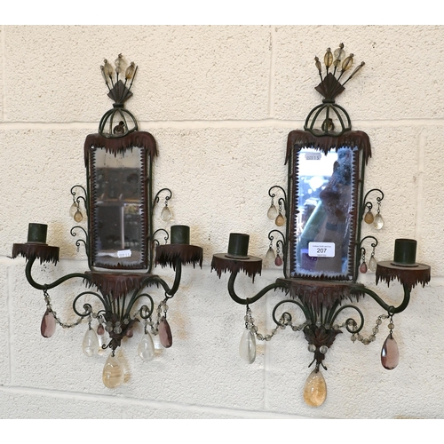 207 - A pair of painted metal girandole mirrors with twin candle-sconces and glass beads and drops, 53 x 3... 