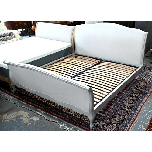 75A - Loaf - A French style 'Joelle' sleigh bed with pale grey linen upholstery and grey painted wood, sup... 