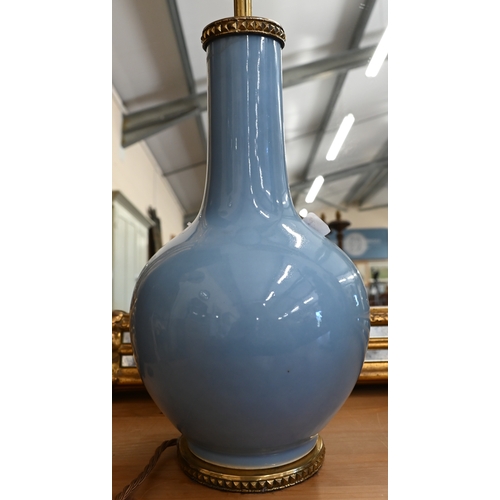 451 - Clair de lune blue glazed ceramic table lamp with gilt metal mounts by Nicholas Haslam, 40 cm high