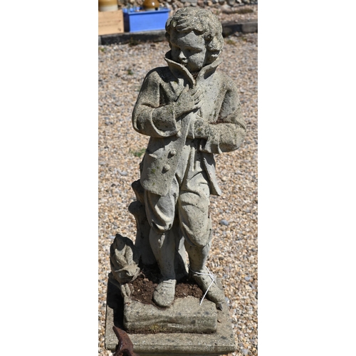 4 - A reconstituted stone garden figure of 'Winter Boy' standing on an emblem cast pedestal base, 118 cm... 