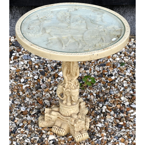 515 - A vintage simulated ivory Oriental occasional table with inset glass top, 46 cm diam