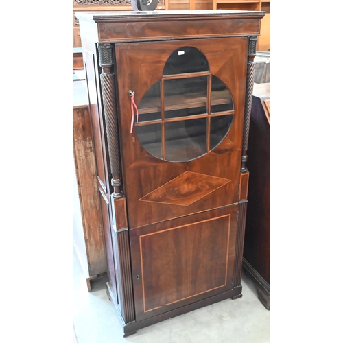 523 - Mahogany inlaid part-glazed side cabinet with spiral reeded columns, 68 cm wide x 34 cm deep x 142 c... 