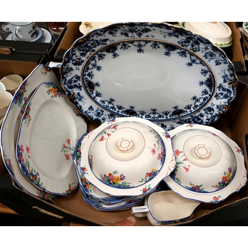 54 - Floral-printed pottery dinner service to/w a blue and white meat dish (box)