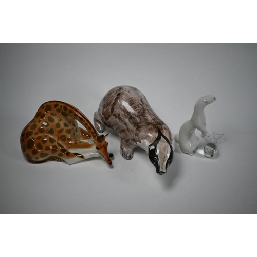 67 - David Sharp (Rye Pottery) Badger, signed, 35 cm to/w Soviet Russian Lomonosov giraffe and winter sto... 