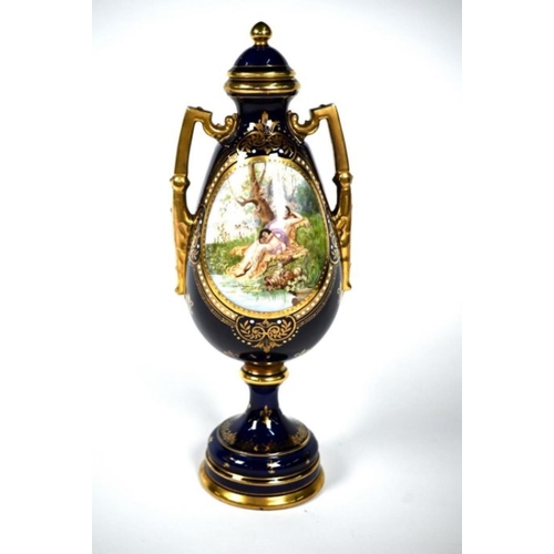 72 - A Vienna blue and gilt baluster vase and cover, printed and painted with Venus and Cupid, sleeping b... 