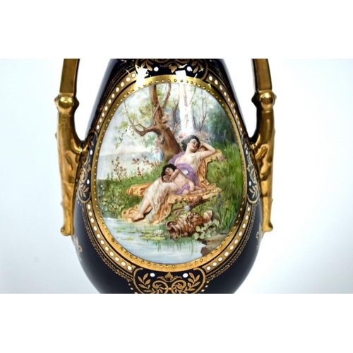 72 - A Vienna blue and gilt baluster vase and cover, printed and painted with Venus and Cupid, sleeping b... 