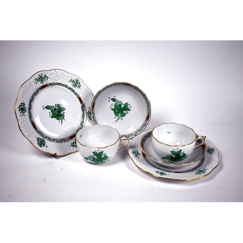 73 - A Herend Apponyi Green double-trio of tea-cup, saucer and plate (6)