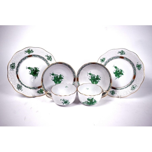 73 - A Herend Apponyi Green double-trio of tea-cup, saucer and plate (6)