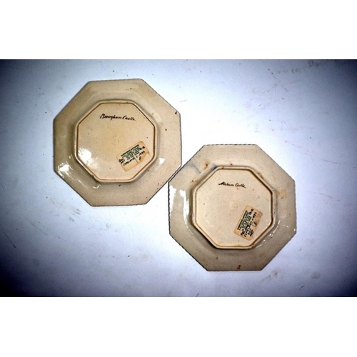 76 - A pair of Victorian Copeland pottery octagonal plates, sepia-painted with Brougham Castle and Norham... 