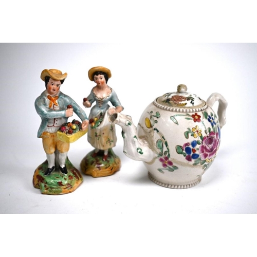 77 - A Georgian pearlware bullet-shaped teapot with floral-painted decoration (restored) to/w a New Hall ... 