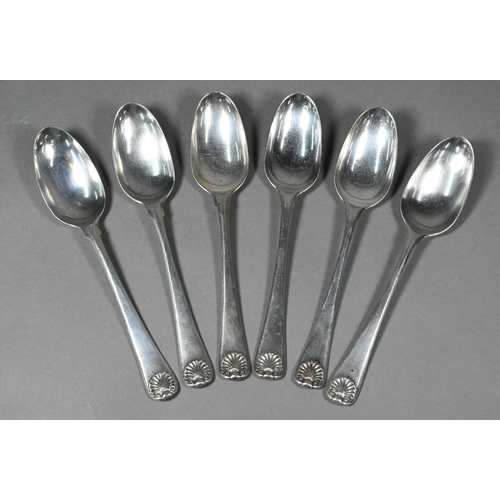 102 - A set of six early George III silver Hanoverian pattern tablespoons with shell finials, Isaac Callar... 