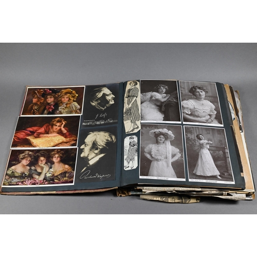 1029 - A 'bachelor's' album of vintage postcards, scraps and cuttings including Edwardian and later actress... 