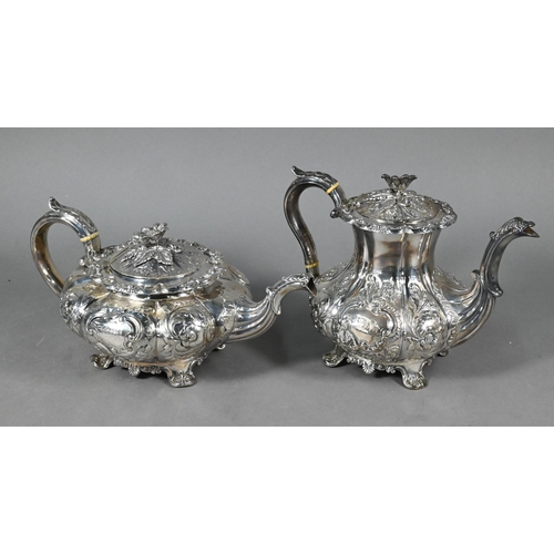 103 - A William IV/Victorian matched silver four-piece tea/coffee service of melon form with floral finial... 