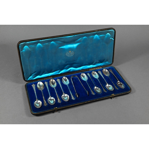 107 - Late Victorian cased part set of eleven Albany pattern teaspoons with tongs, Francis Higgins III, Lo... 