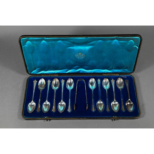 107 - Late Victorian cased part set of eleven Albany pattern teaspoons with tongs, Francis Higgins III, Lo... 