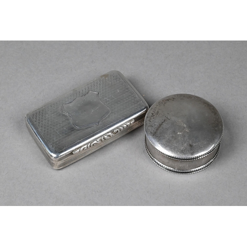 116 - A Victorian silver snuff box with engraved decoration, Francis Clark, Birmingham 1851, to/w a circul... 