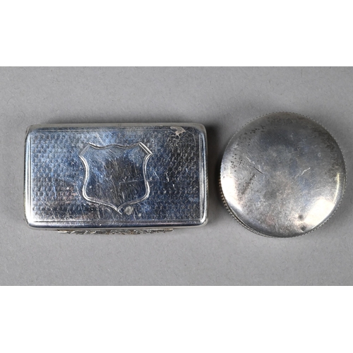 116 - A Victorian silver snuff box with engraved decoration, Francis Clark, Birmingham 1851, to/w a circul... 