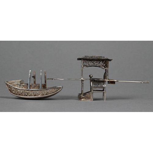 117 - A Chinese silver miniature sedan chair, to/w a sampan (2)