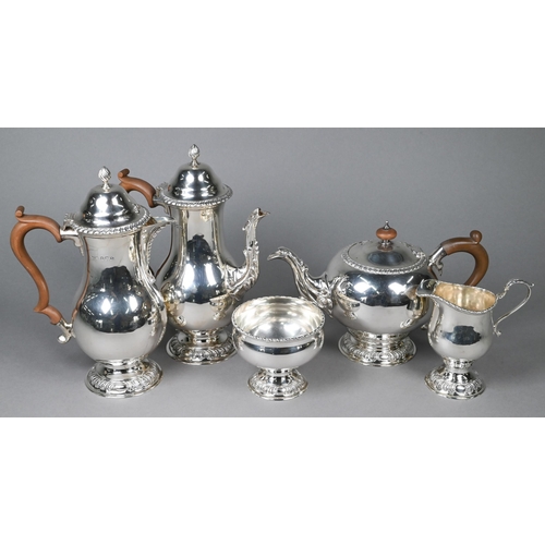 122 - A heavy quality silver matched five-piece tea/coffee service with gadrooned rims and raised foot-rim... 