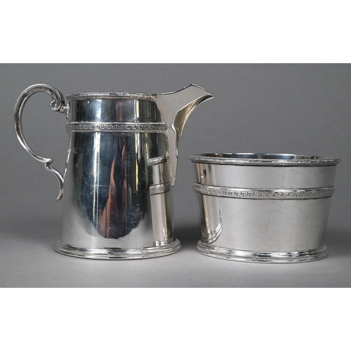 134 - A heavy quality silver cream and sugar pair with Greek-key band and scroll handle, Elkington & C... 