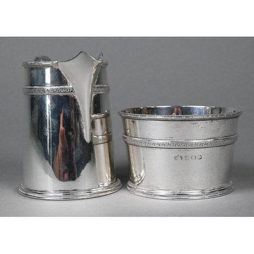 134 - A heavy quality silver cream and sugar pair with Greek-key band and scroll handle, Elkington & C... 