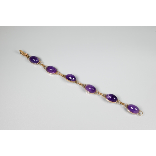 150 - An amethyst bracelet, the six oval cabochon stones with scroll links between, snap clasp, 18 cm long... 