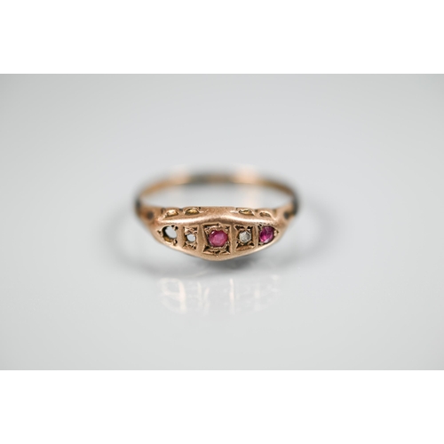 163 - A yellow metal wedding band; rose gold ring set with ruby and diamond, and three other rings (5)