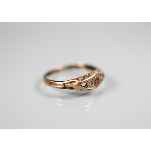 163 - A yellow metal wedding band; rose gold ring set with ruby and diamond, and three other rings (5)