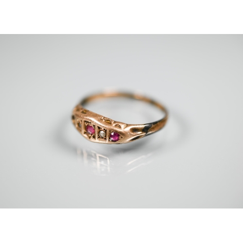 163 - A yellow metal wedding band; rose gold ring set with ruby and diamond, and three other rings (5)