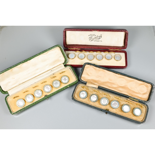 165 - Three cased sets of mother-of-pearl round studs and clips - two sets with turquoise enamel borders, ... 