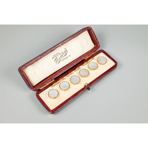 165 - Three cased sets of mother-of-pearl round studs and clips - two sets with turquoise enamel borders, ... 