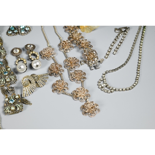 177 - Mixed jewellery items including marcasite, filigree, costume jewellery, clip-on earrings, silver ban... 