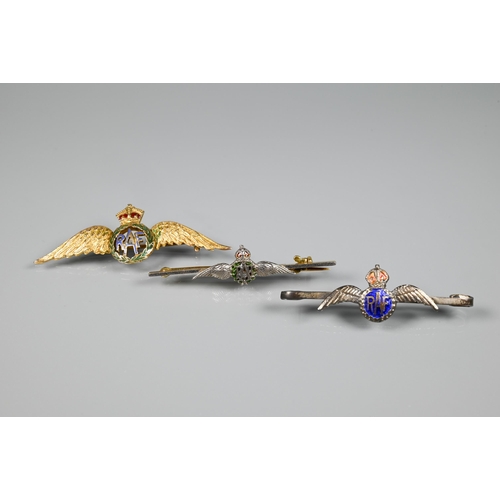 180 - RAF wings - Three sweetheart brooches - one 9ct yellow gold and enamel decoration, one 14ct yellow a... 