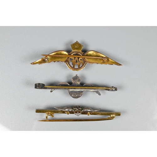 180 - RAF wings - Three sweetheart brooches - one 9ct yellow gold and enamel decoration, one 14ct yellow a... 