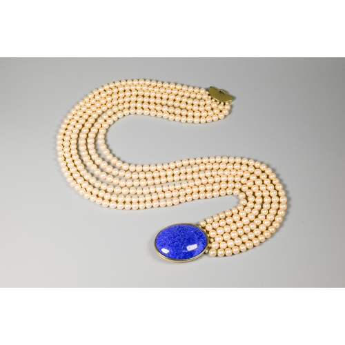 184 - Gay Bowyer - a six-strand faux pearl choker with oval blue cabochon clasp and matching earrings stam... 