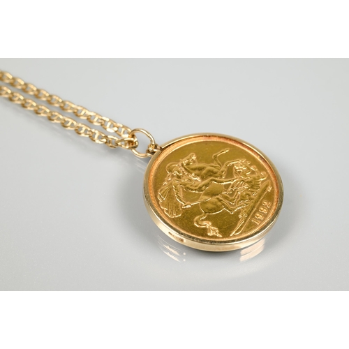 196 - A 1992 £2 gold coin in 9ct yellow gold mount, on modern chain, stamped 375, approx 25.6g all in