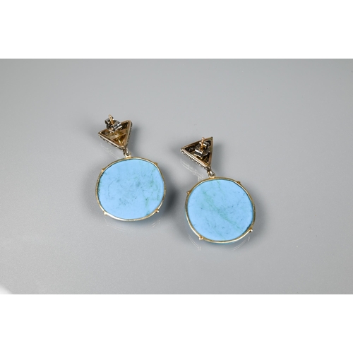 198 - A pair of diamond and turquoise drop earrings, the triangular diamond cluster with faceted turquoise... 