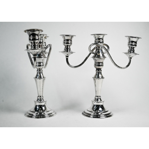 2 - Pair of epns baluster candelabra with detachable twin-branches and three sconces, 27 cm high