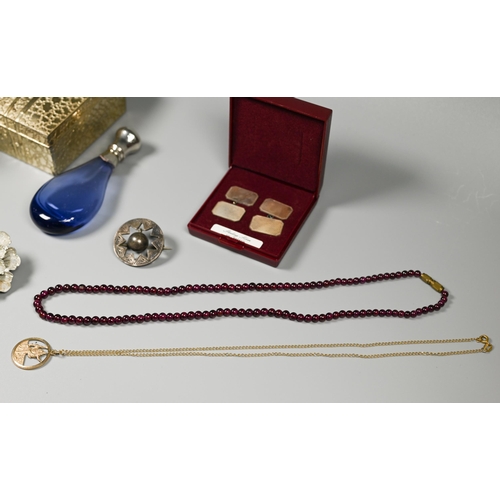 215 - A garnet bead necklace; 9ct gold St Christopher; pair cufflinks; cameo on gilt metal mount etc to/w ... 