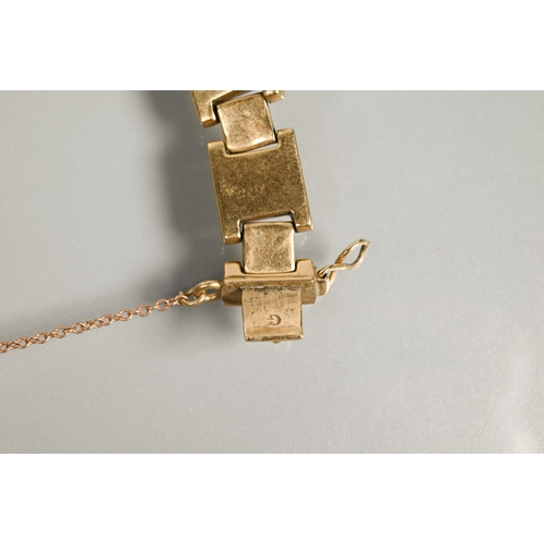 237 - A 9ct yellow gold brick link bracelet with concealed clasp and safety chain, approx 18.4g