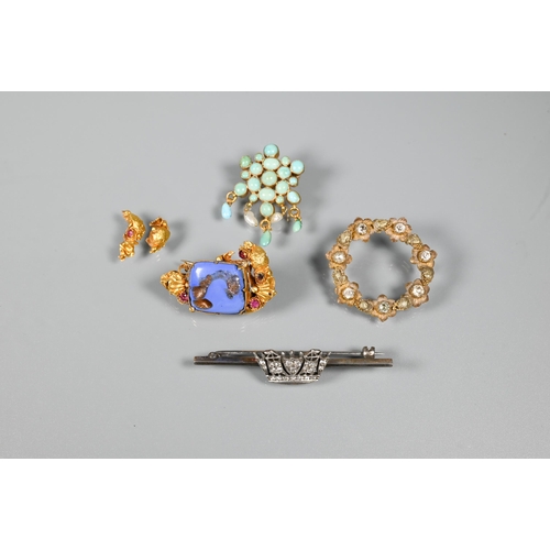 245 - A collection of jewellery items including a Victorian turquoise bead brooch, red stone cluster penda... 