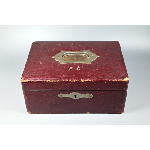 263 - A burgundy leather jewel box with assortment of jewellery items within including bead necklaces, mic... 