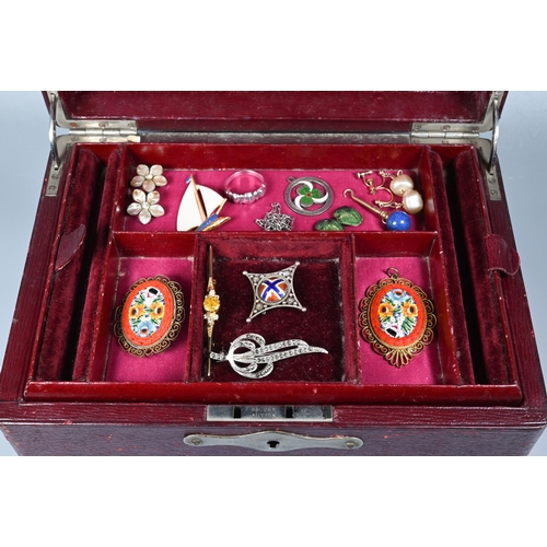 263 - A burgundy leather jewel box with assortment of jewellery items within including bead necklaces, mic... 