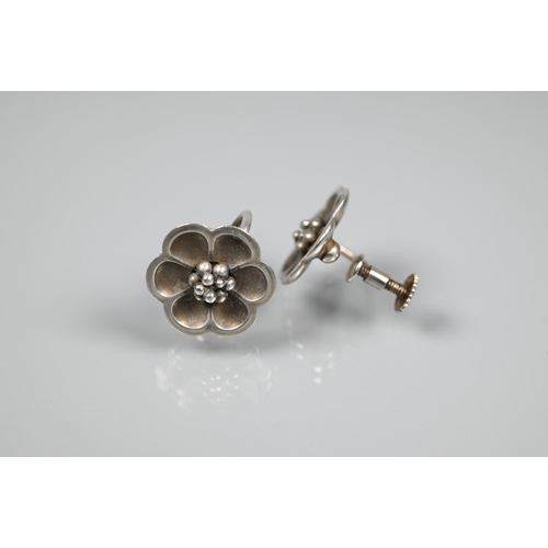 267 - Georg Jensen - A pair of white metal flower earrings, with screw fittings, stamped 67, in fitted box